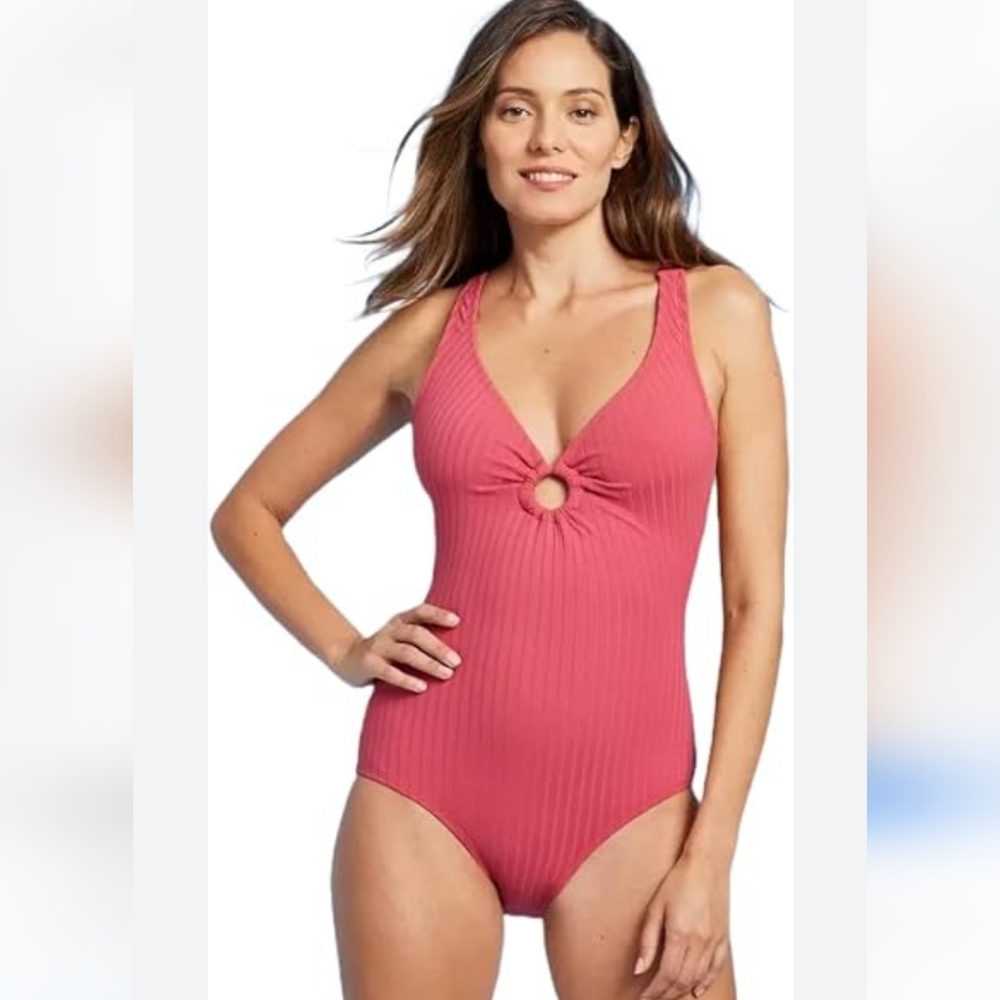 Kona Sol Womens Wide Ribbed Ring Medium Coverage One Piece Swimsuit Large